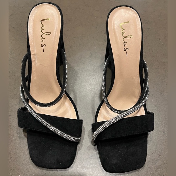 NEW Lulu’s Mulla Black Suede Rhinestone High Heel Slide Sandals. Sz: 8 - Picture 7 of 12